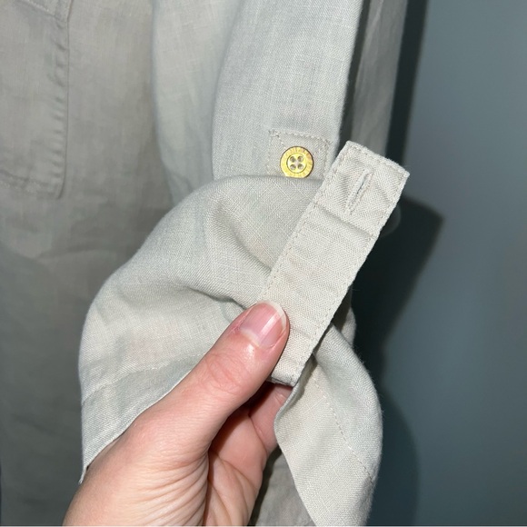 Company Ellen Tracy Linen Blouse Women’s Large Sand Zip Front Roll Sleeve Top - Picture 5 of 13